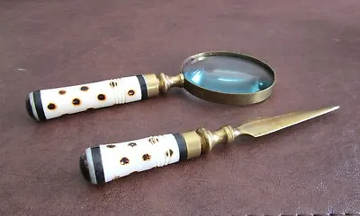 Vintage Brass & Bone Desk Set Magnifying Glass & Letter Opener Columbus Indiana • $95