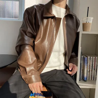 Hot Loose Short Pu Leather Jacket Mens Long Sleeve Casual Biker Coat Party Top • $53