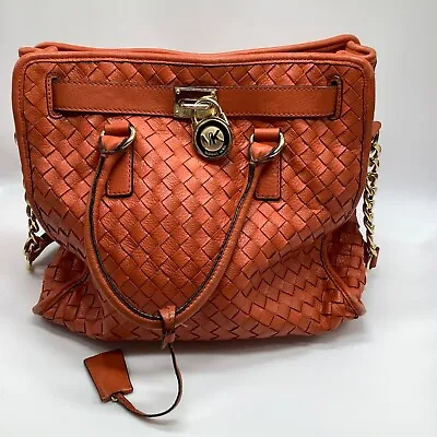 Michael Kors Woven Hamilton Bag Women's Orange Leather Tote Purse Gold Hardware • $64.99