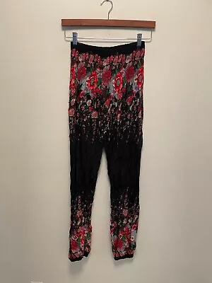 Womens Harem Pants Size Medium Black Pink Floral Rayon Smocked Semi Sheer Boho • $24.88