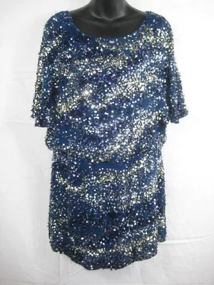 Vie La V Womens Milky Way Sequin Shift Dress 8 Blue Silver Short Sleeve BoatNeck • $15.28