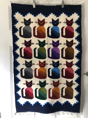 $34.98 • Buy Vintage Woven Fringed Colorful Cat Rug 33 X 21 Cats Kittens