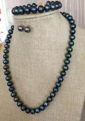 $44 • Buy 7-8mm Real AAA++ Tahitian Black Peacock Pearl 3 Pc 18  Necklace Set - Free Pouch