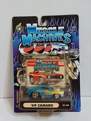 ‘69 Chevy Camaro Blue Yellow Flames 2001 Muscle Machines NIP Diecast 1:64 • $12