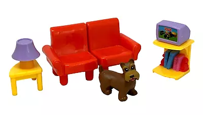 FISHER-PRICE My First Dollhouse TV Room Dog Chairs Table Lamp TV Stand 2005 • $16.99
