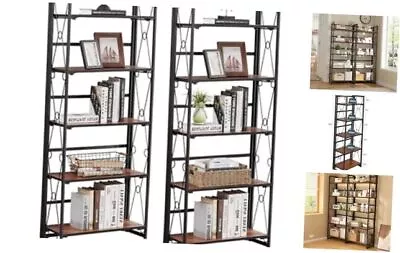  Bookshelf No Assembly5 Shelf Folding Bookcase Industrial Metal 2 Set Brown • $269.35