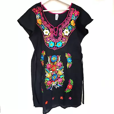 NEW Colorful Hand Embroidered Floral Mexican Dress Size Large Handicraft Mexico • $28