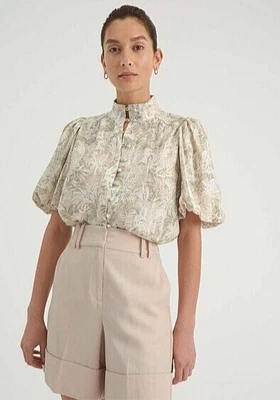 $38 • Buy WITCHERY Print High Neck Button Puff Sleeve Linen Blouse Top Size 12