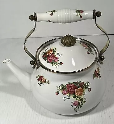Vintage Old Country Roses Enameled Metal Tea Kettle Teapot Royal Albert 2qt -HTF • $42.74