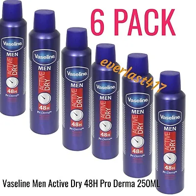 ☆6 Pack☆Vaseline Men Active Dry 48H Pro Derma 0 % Alcohol Anti Perspirant 250 ML • £26.70