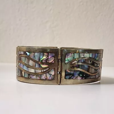 Vintage Mexican Abalone & Silver Tone Link Bracelet • $12