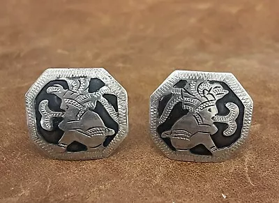 Vintage 1960s Mexico Black Enamel Mayan Aztec Warriors Sterling Cufflinks Signed • $55