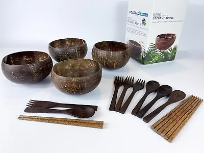 Set Of 4 Coconut Bowls Spoons And Chopsticks 100% Natural • $13.99
