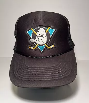 Vintage Anaheim Mighty Ducks 5 Panel Hight Crown Black Trucker SnapBack Hat Cap • $26.99