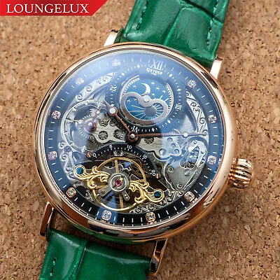 Mens Dual Time Automatic Mechanical Skeleton Watch Rose Gold Green Leather • $78.95