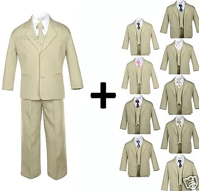 $38.98 • Buy Baby Toddler Formal Wedding Tuxedo Boy Suit Khaki + Tie 6pcs Set 9 Color Sz S-4T
