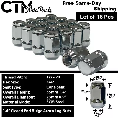 16 Chrome 1/2-20 Cone Seat Acorn Lug Nut 3/4 Hex Fit Mustang Cougar Marquis 4Lug • $18.99