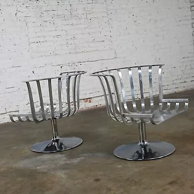 2 MCM Polished Aluminum Barrel Swivel Lounge Chairs Chrome Tulip Base By Woodard • $2295