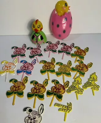 19 Vintage Lot Happy Easter Bunny Chicks Picks Cake Cupcake Toppers Decoration • $24.98