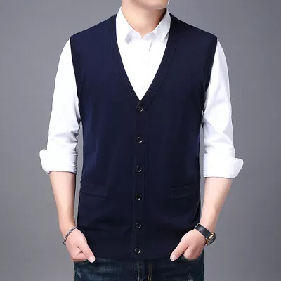 Men's Sweater Vest Cashmere Wool Blended V Neck Sleeveless Button Cardigan Sweat • $19.10