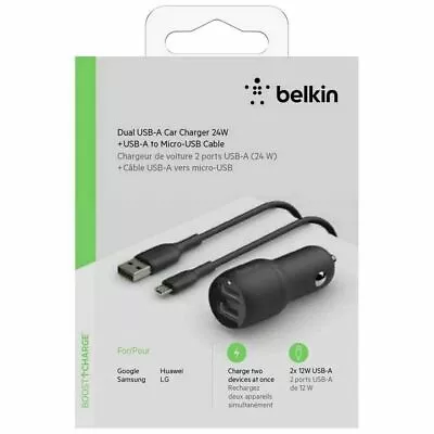 Genuine Belkin Dual 24W USB-A To Micro-USB Cable Car Charger - CCE002bt1MBK • $17.99