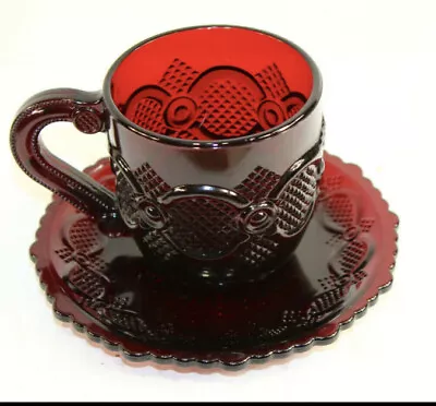 Avon 1876 Cape Cod Ruby Red Glass Coffee Tea Mug And Saucer Red Glass • $12