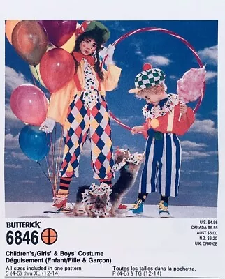 Butterick Sewing Pattern 6846 Childs CLOWN PIERROT JESTER Costume Sizes 4 - 14 • $14.20