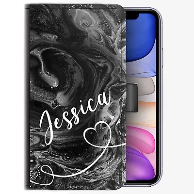Personalised Initial Phone Case;Name & Heart Black Marble PU Leather Flip Cover • $54.11