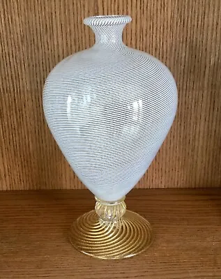 Lattimo Mezza Filligrana Vase For Venini With Gold Ribbed Foot By Zecchin  • $950