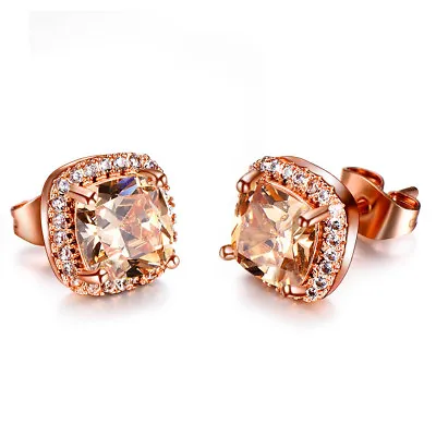 Natural Square Cut Honey Morganite Gems Silver Rose Gold Plated Stud Earrings • $5.49