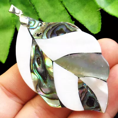 H04002 Natural Rainbow Abalone Shell Leaf Pendant Bead 56x36x7mm • $0.06