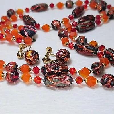 Vintage Double Necklace Earrings Coral Orange Lava Art Glass Bead Japan • $61