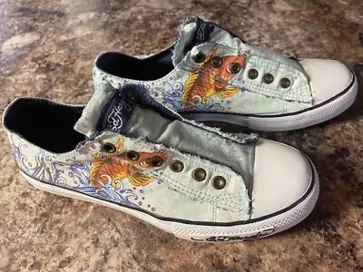 Don Ed Hardy Koi Fish Slip On Sneakers Light Green/blue Womens Sz. 9 • $34.95