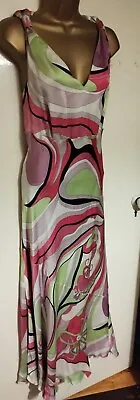 Libra 100% Silk Maxi Long Dress Bias Cut Pink Black Green Sz 12 • £19.99