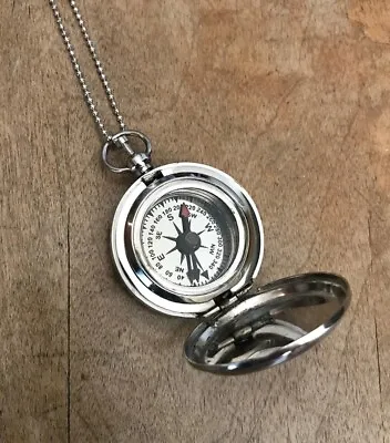 Small Vintage Style Compass W/ Lid Necklace Nautical Silver Glass • $14.99