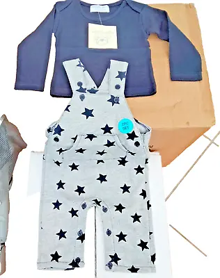 2 Piece Out Set Baby Boy Star Dungaree Long Sleeve T-Shirt 9-12 Months • £10.25