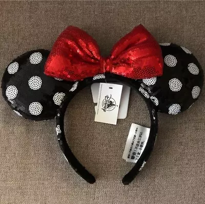 Disney Parks Black Sequin Red White Polka Dot Bow Minnie Mouse Ear Headband • $12.88