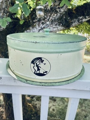 $26.50 • Buy Vtg Cake Pie Tin Metal Carrier Saver Kitchen Helper Kitschy Girl & Dog MCM Decor