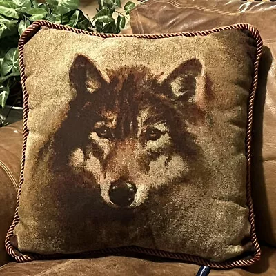 Wolf Tapestry Decorative Accent Throw Pillow Brown Velvet Back Ashford Court 18” • $59.95