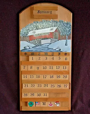 Vintage Wood Perpetual CALENDAR ~ Covered Bridge ~ Farmhouse Primitive. 23  Tall • $69