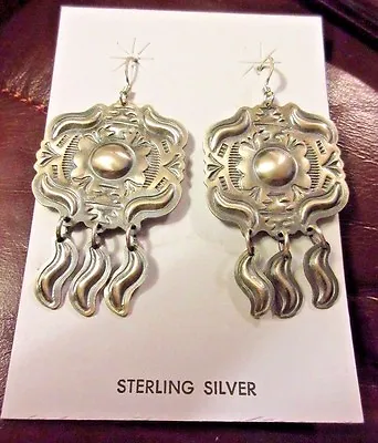 Native Navajo Hand Stamped Sterling Hook Earrings By Harold Joe  - Signed JE0242 • $149