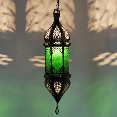 Emerald Green Moroccan-Style Hanging Lantern With Elegant Metal Detailing • $130