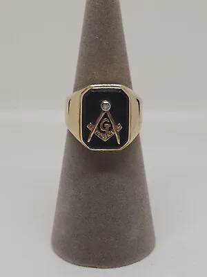 Vintage 14k Yellow Gold Square & Compass Masonic Ring Size 9 With Onyx & Diamond • $549.99