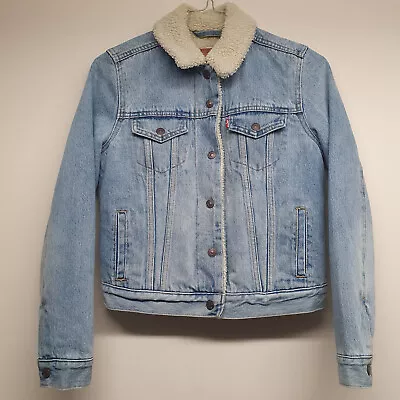 LEVIS Jacket Womens Size XS Blue Denim Sherpa Trucker • £24.99