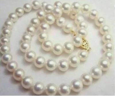 18 Inch AAAA Japanese Akoya 9-10mm White Pearl Necklace 14K Yellow Gold Clasp • $49