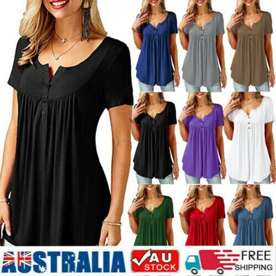 $19.28 • Buy Womens V-Neck Short Sleeve T Shirts Ladies Casual Pleated Tops Blouse Plus Size