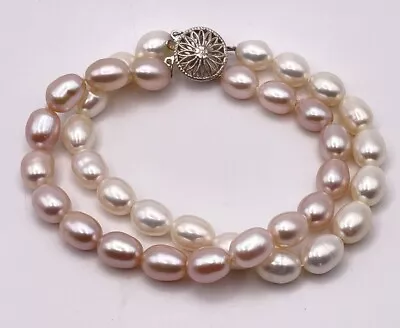 Vintage Sterling Silver Pink & White Double Strand Cultured Pearl Bracelet • $99.99