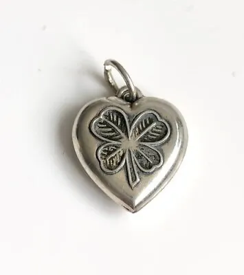 Vintage Sterling Repousse Shamrock Puffy Heart 40's Charm GLORIA In Back • $54.99