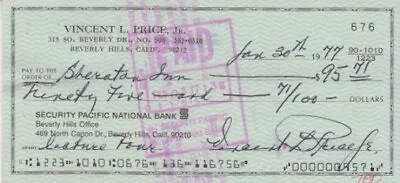 VINCENT PRICE Signed Bank Check • $200