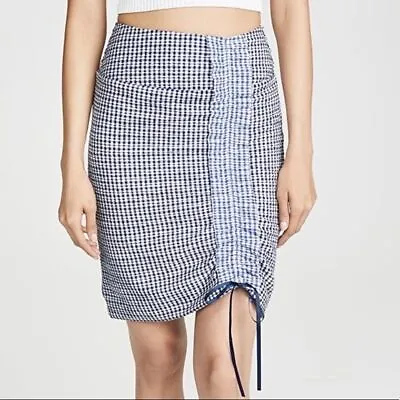 $125 • Buy Staud Cello Gingham Plaid Print Knee Length Skirt Xs 2 Blue White